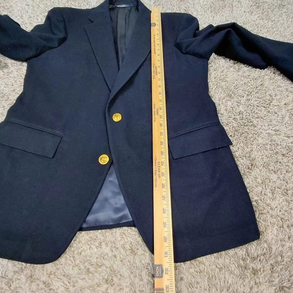 Vintage Polo Ralph Lauren Blazer Mens 42L Navy Blue Wool Gold Buttons Two Button